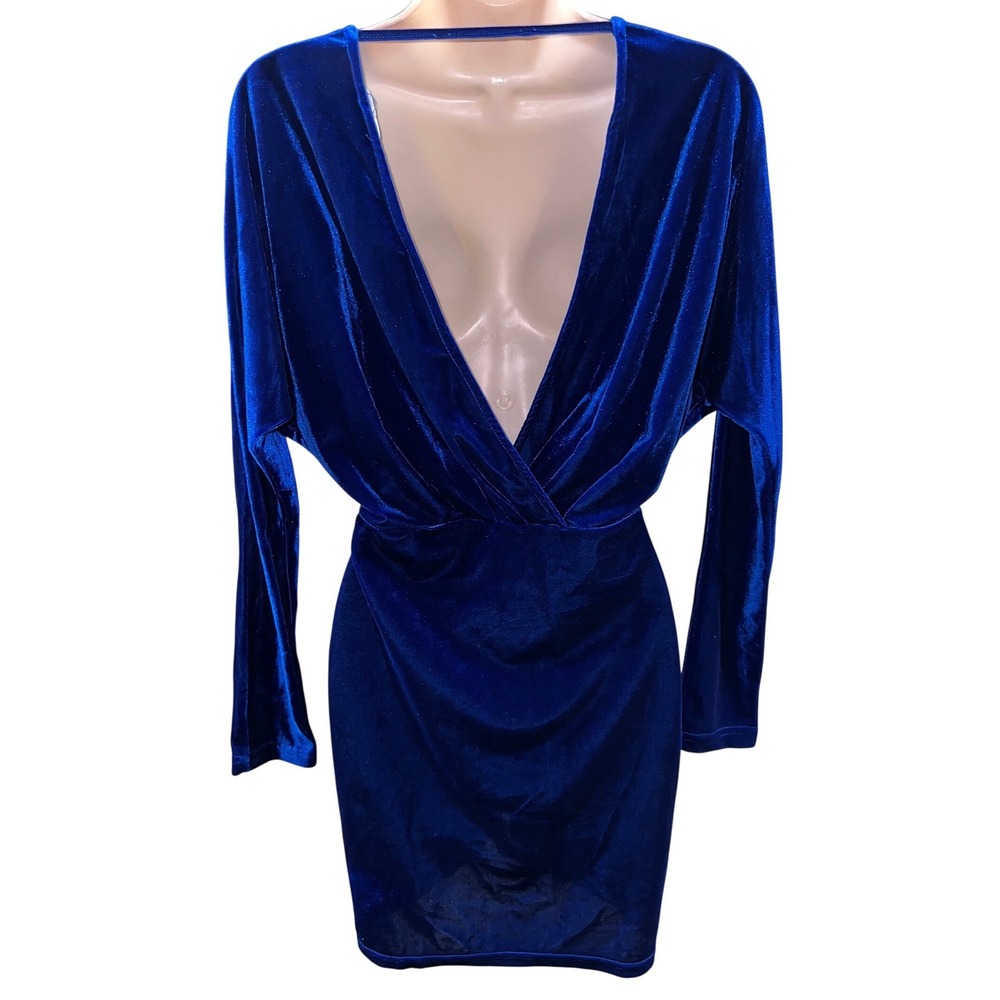Luxe Wave Royal Blue Velvet Bodycon Mini Dress M Deep V Open Back Long Sleeve - Picture 3 of 9